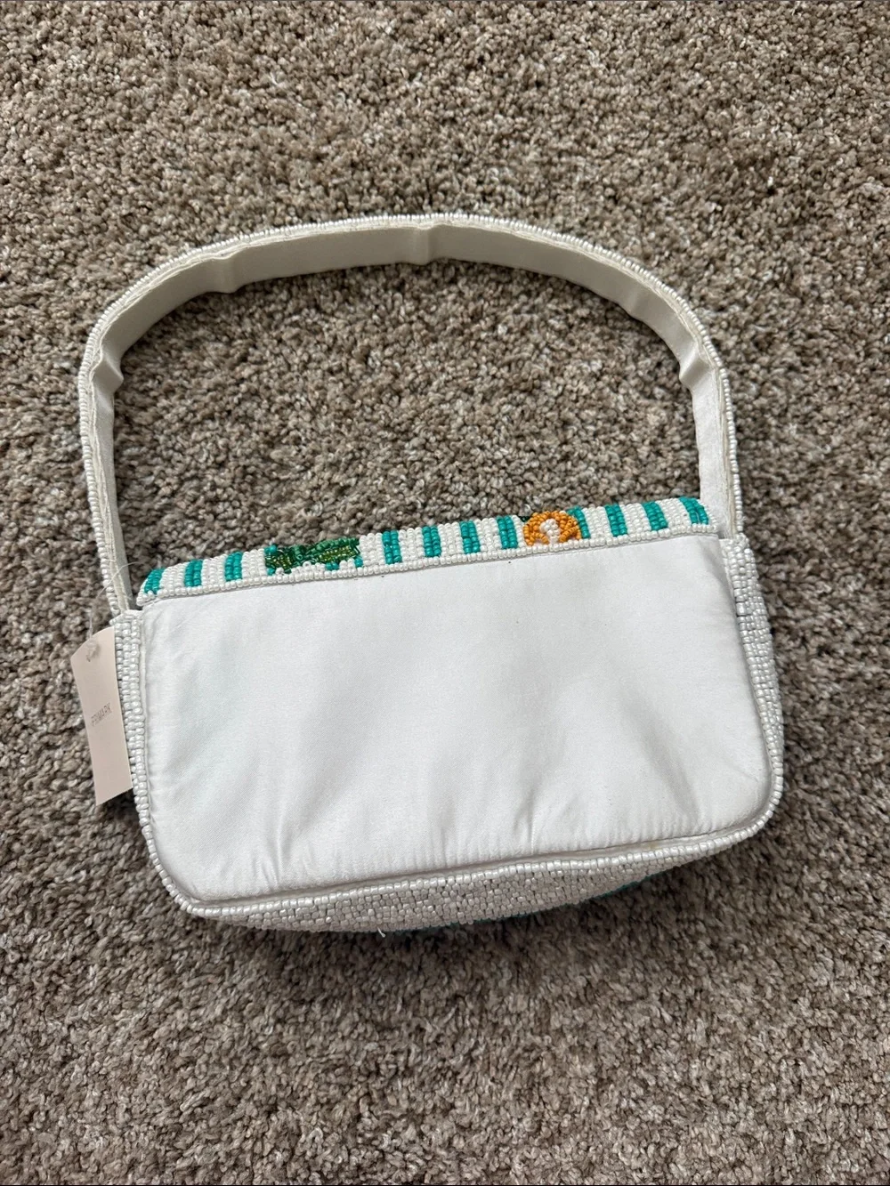 Primark White Beaded Shoulder Bag with Green Stripes and Multicolor Floral Beads
